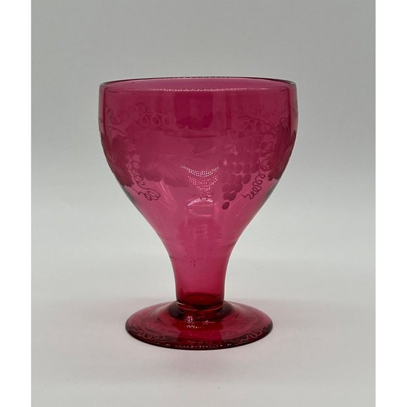 Vintage Cranberry/Red Etched Crystal Grape and Vine Footed Goblet 5.5" Tall - Picture 2 of 5